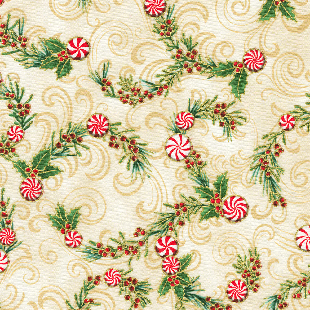Holiday Flourish Peppermint Twist Peppermint Candies Vanilla Metallic Fabric by Robert Kaufman – festive metallic quilting cotton.