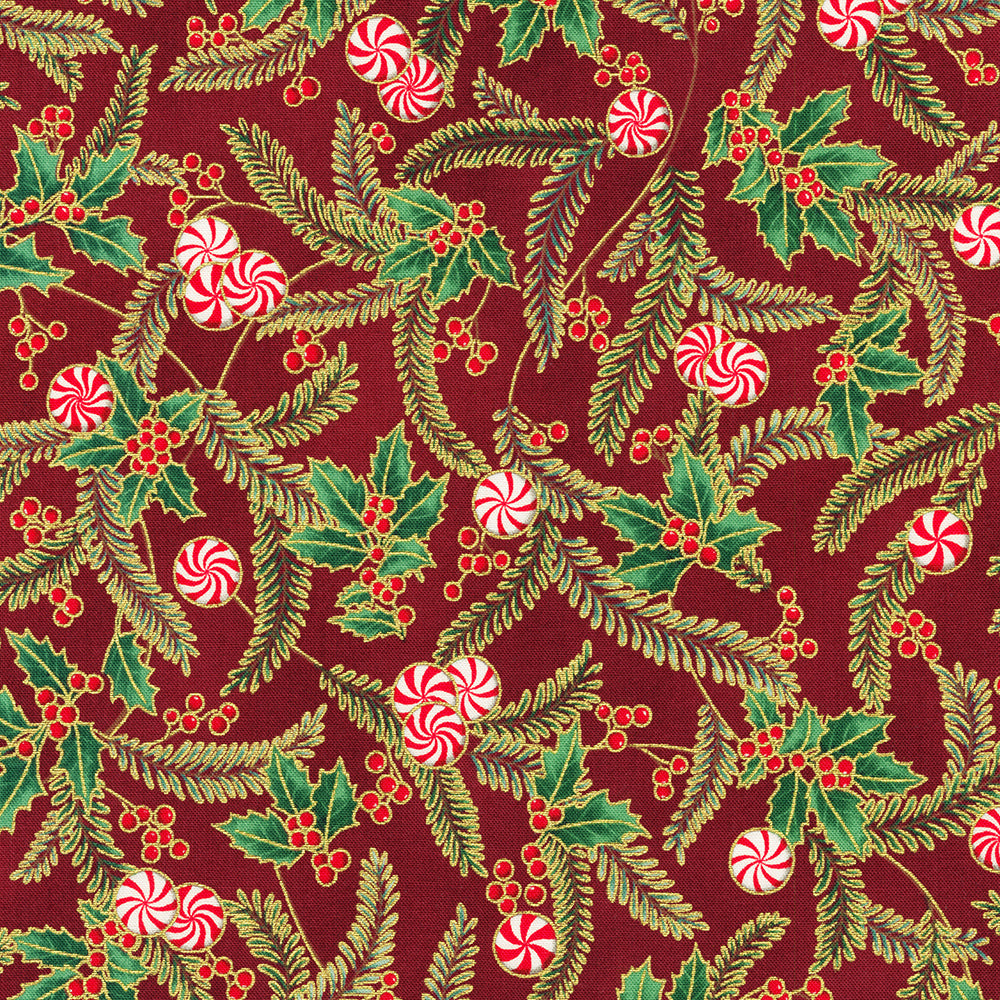 Holiday Flourish Peppermint Twist Sprigs Cranberry Metallic Fabric by Robert Kaufman – Studio RK design