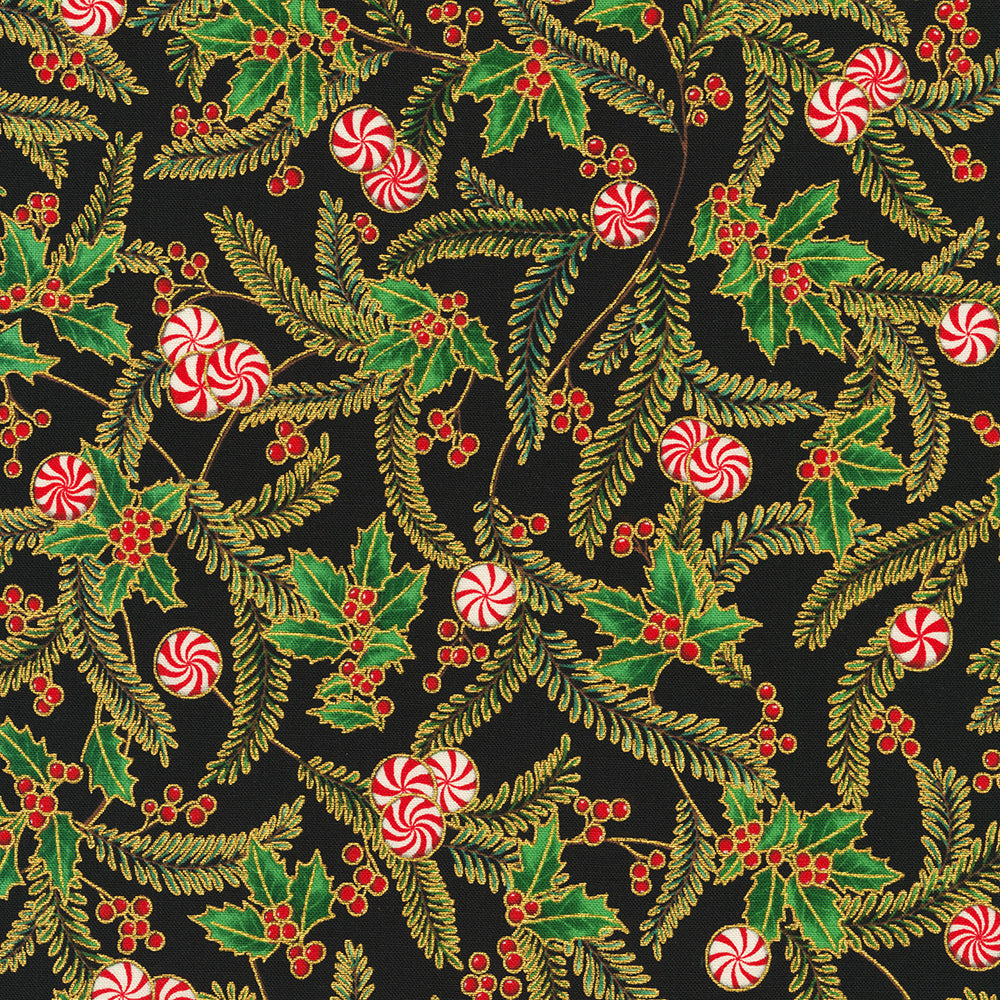 Black quilting cotton with metallic sprigs – Holiday Flourish Peppermint Twist by Robert Kaufman