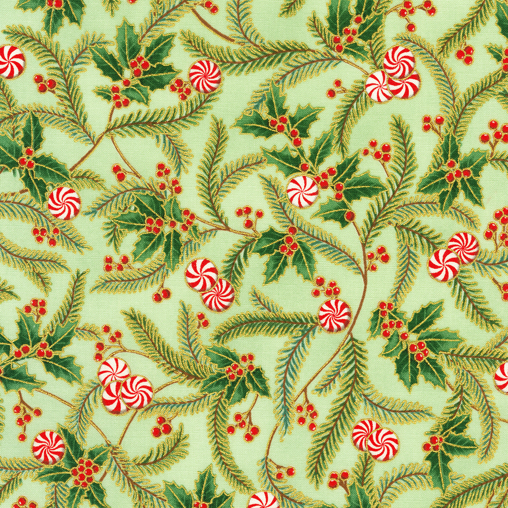 Holiday Flourish Peppermint Twist Sprigs Sage Metallic Fabric by Robert Kaufman – Studio RK design