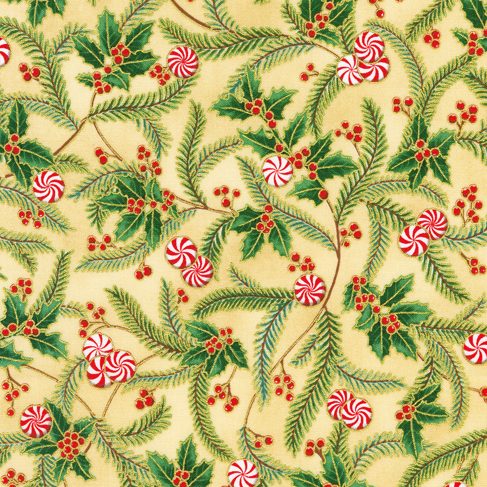 Holiday Flourish Peppermint Twist Sprigs Cream Metallic Fabric by Robert Kaufman – Studio RK design