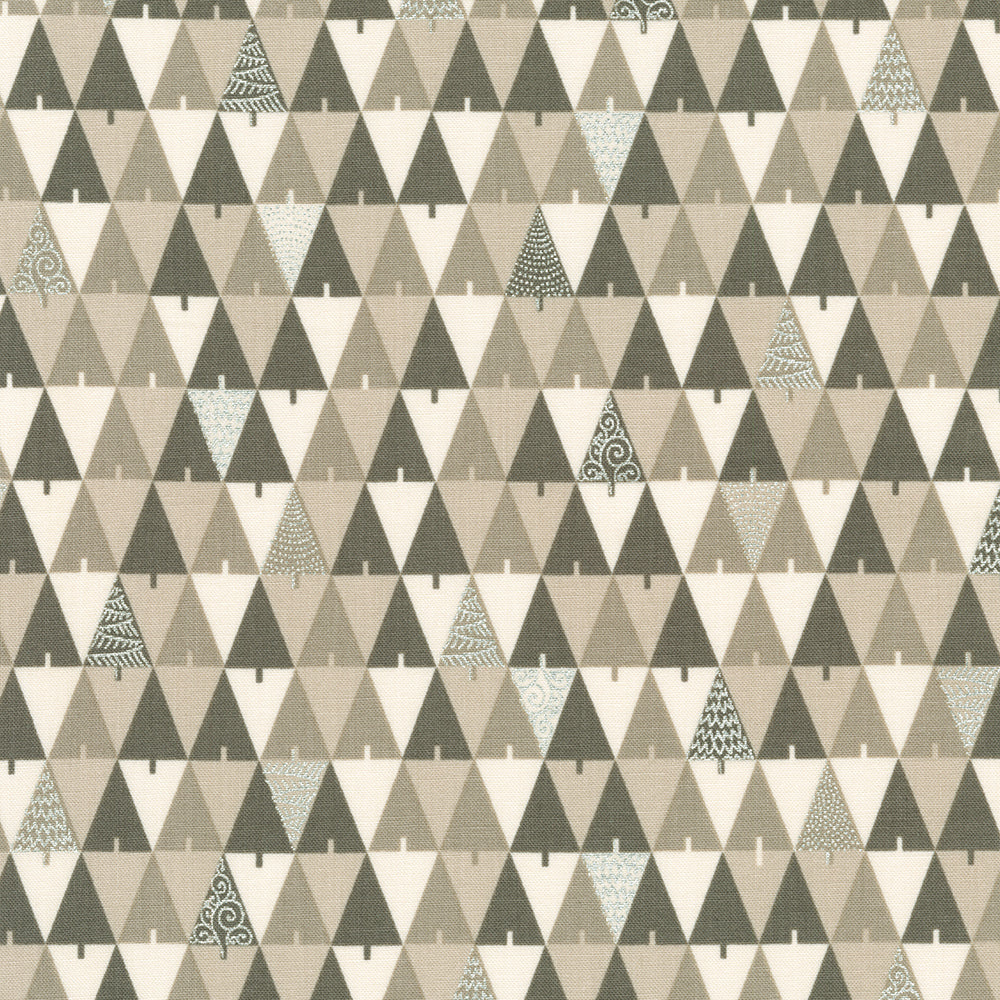 Holiday Flourish Peppermint Twist Trees Taupe Metallic Fabric by Robert Kaufman – taupe, cream, and silver metallic tree pattern quilting cotton.