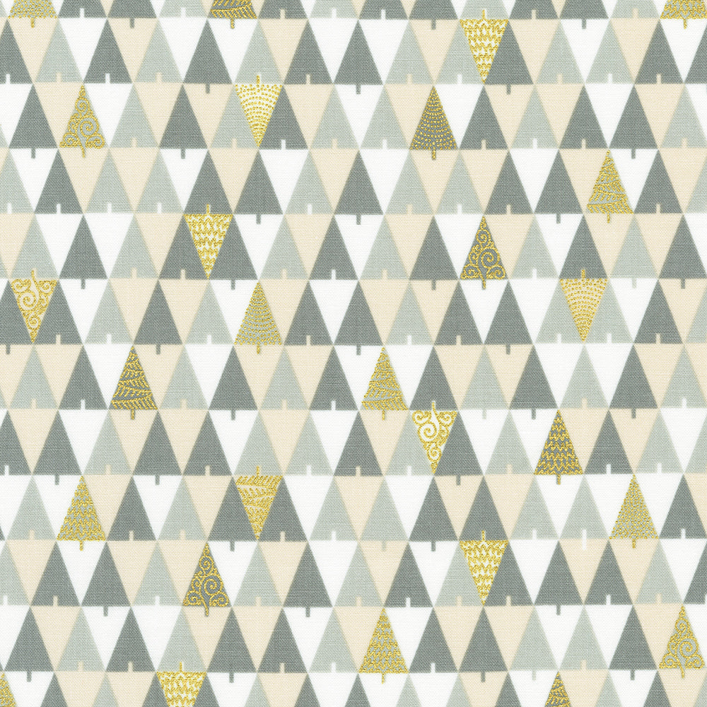 Holiday Flourish Peppermint Twist Trees Steel Metallic Fabric by Robert Kaufman – gray, cream, and metallic gold Christmas tree pattern quilting cotton.
