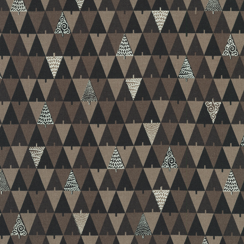 Holiday Flourish Peppermint Twist – Trees Suede Metallic Fabric by Studio RK for Robert Kaufman, featuring stylized triangular trees with metallic accents on brown background.
