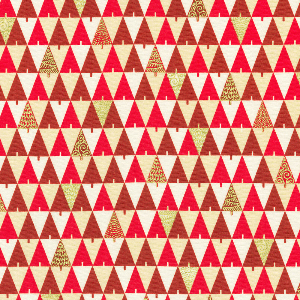 Holiday Flourish Peppermint Twist – Trees Candy Cane Metallic Fabric by Studio RK for Robert Kaufman, featuring stylized trees with candy cane colors and metallic accents.