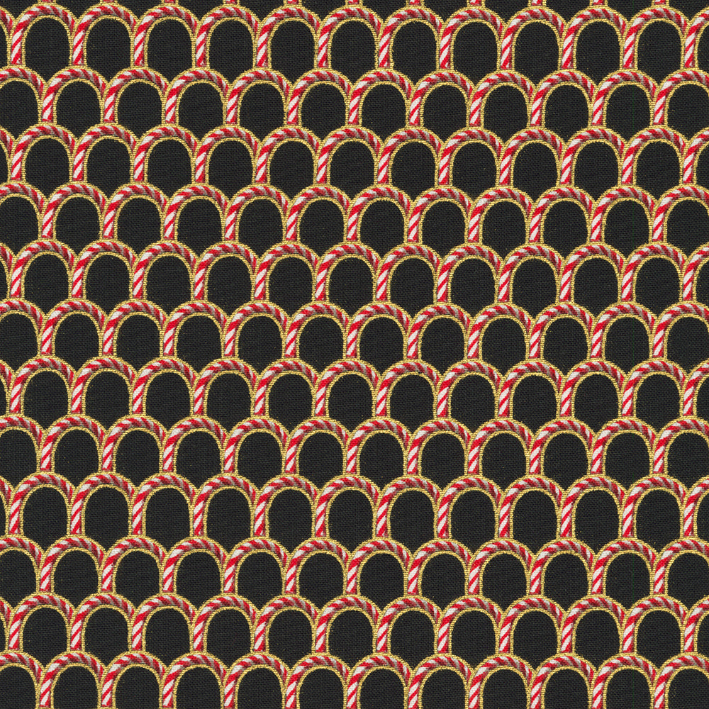 Holiday Flourish Peppermint Twist – Candy Canes Black Metallic Fabric by Studio RK for Robert Kaufman, featuring candy cane motifs with metallic accents on a black background.