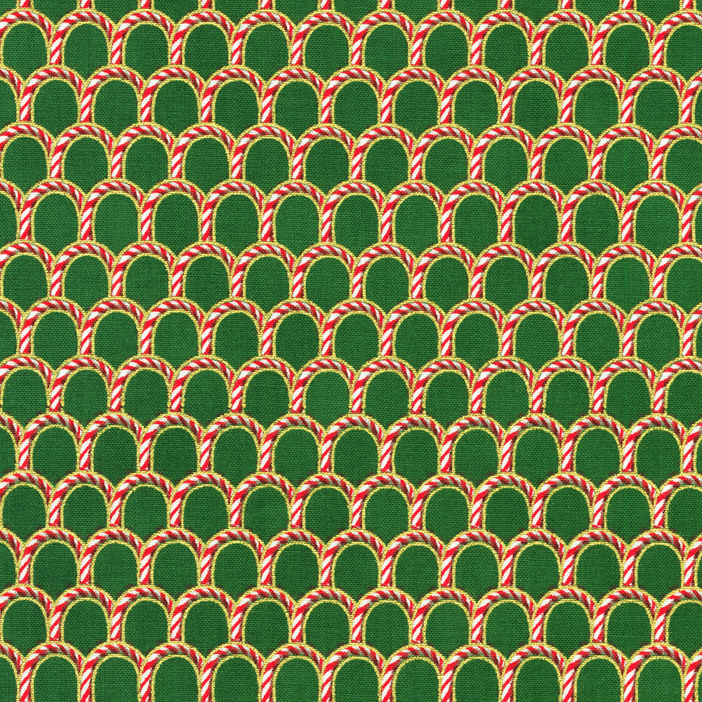 Holiday Flourish Peppermint Twist – Candy Canes Pine Metallic Fabric by Studio RK for Robert Kaufman, featuring candy cane motifs with metallic accents on pine green background.