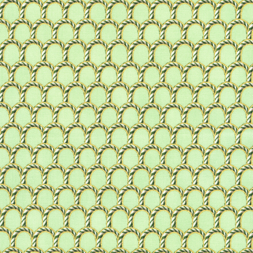 Holiday Flourish Peppermint Twist – Candy Canes Sage Metallic Fabric by Studio RK for Robert Kaufman, featuring candy cane motifs with metallic accents on sage green background.