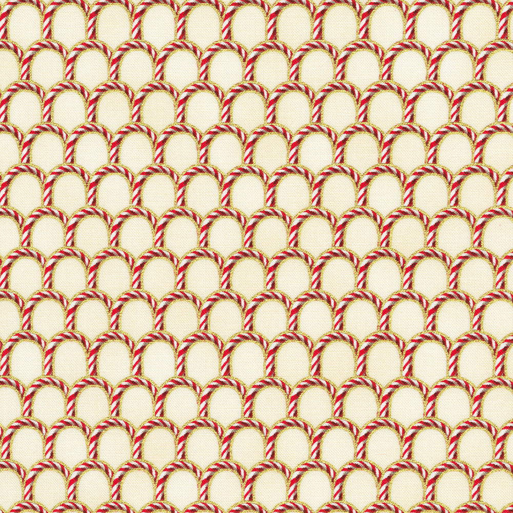 Holiday Flourish Peppermint Twist – Candy Canes Vanilla Metallic Fabric by Studio RK for Robert Kaufman, featuring candy cane motifs with metallic accents on vanilla background.