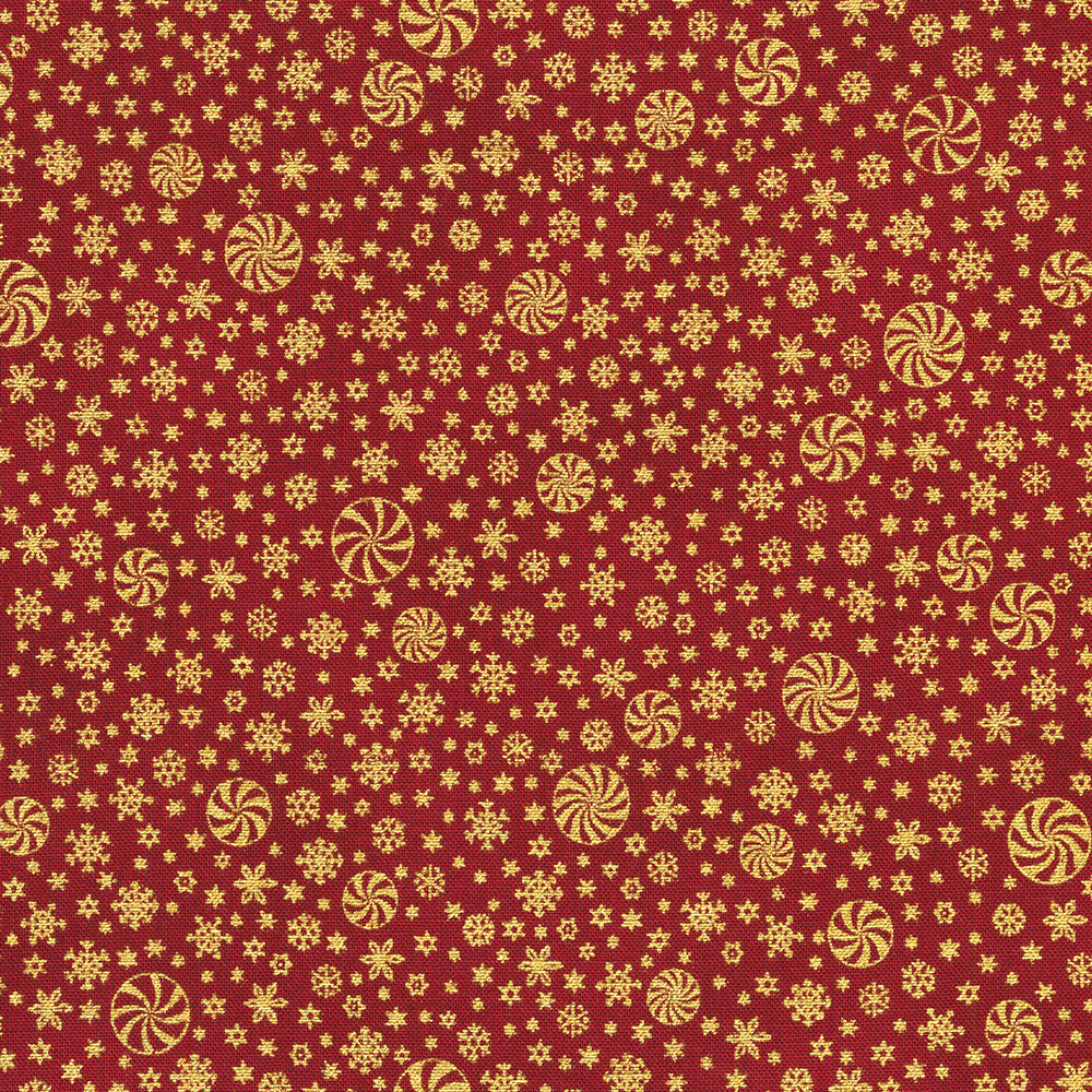 Holiday Flourish Peppermint Twist – Snowflakes Cranberry Metallic Fabric by Studio RK for Robert Kaufman, featuring metallic snowflakes on a cranberry red background.