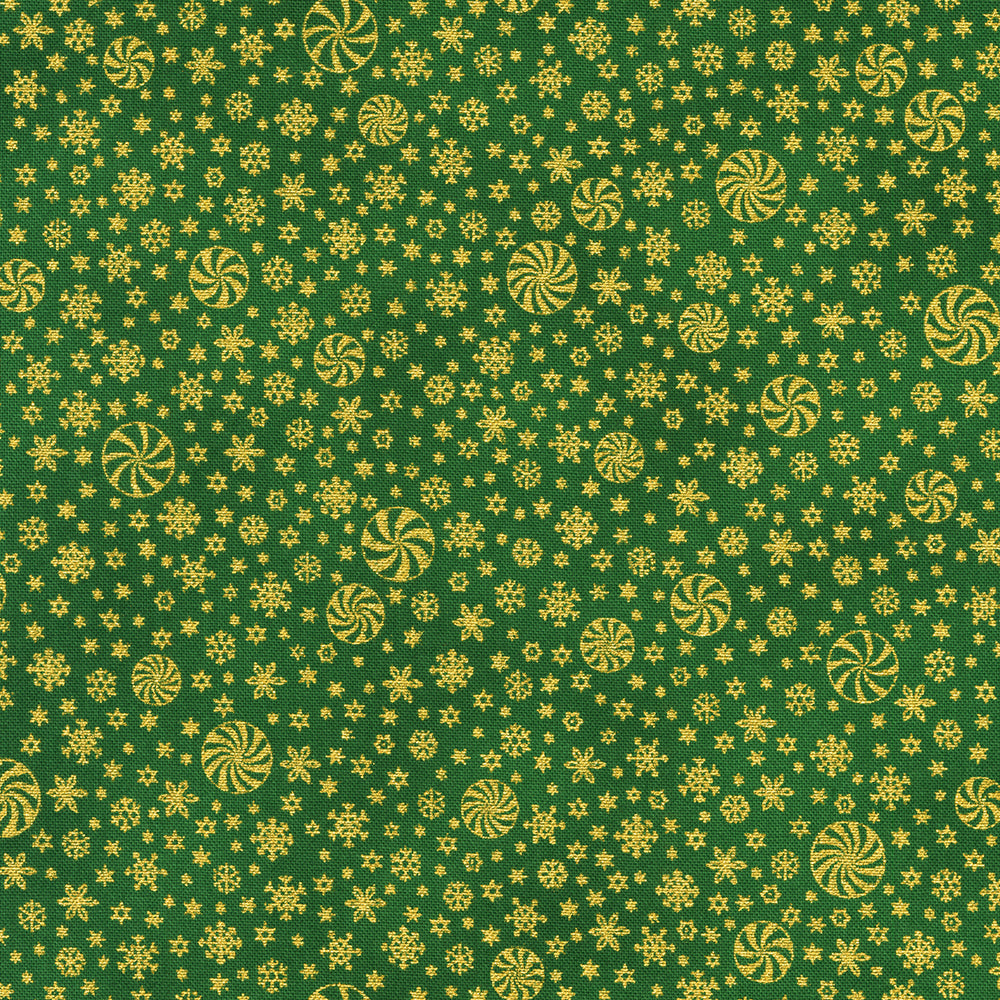 Holiday Flourish Peppermint Twist – Snowflakes Pine Metallic Fabric by Studio RK for Robert Kaufman, featuring metallic snowflakes on a pine green background.