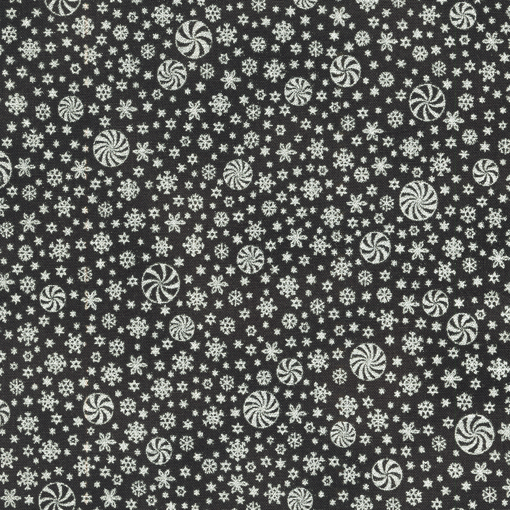 Holiday Flourish Peppermint Twist – Snowflakes Shadow Metallic Fabric by Studio RK for Robert Kaufman, featuring metallic snowflakes on a shadow-gray background.