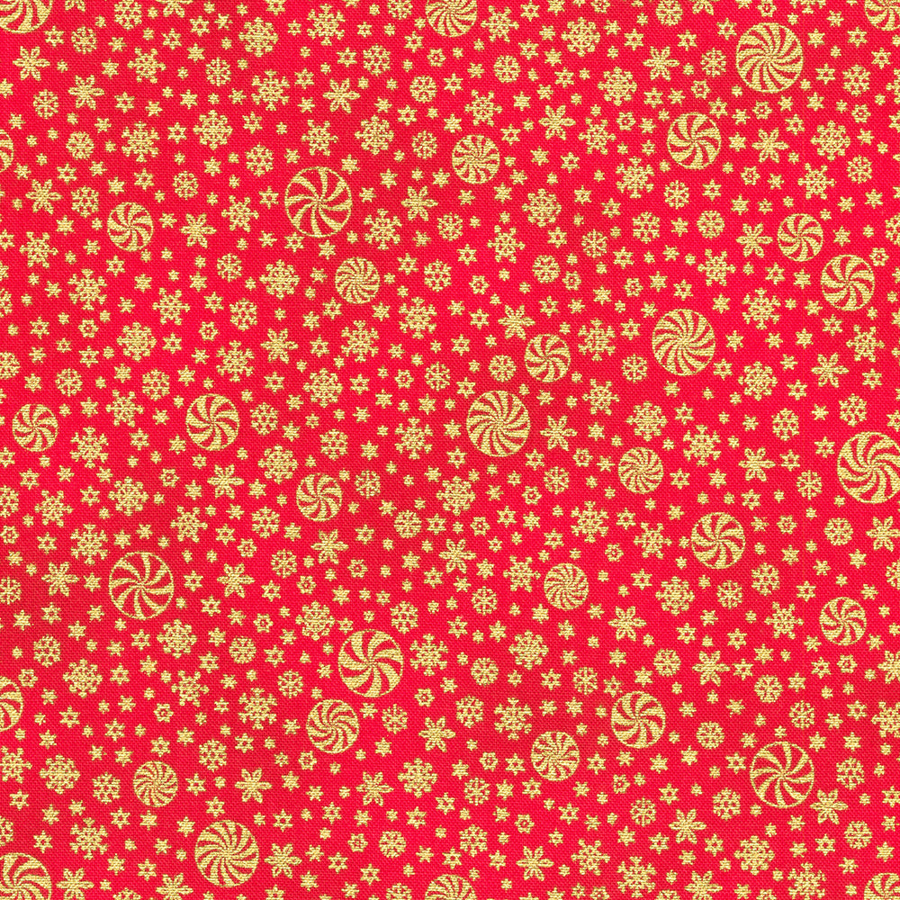 Holiday Flourish Peppermint Twist – Snowflakes Scarlet Metallic Fabric by Studio RK for Robert Kaufman, featuring shimmering snowflakes on a scarlet red background.
