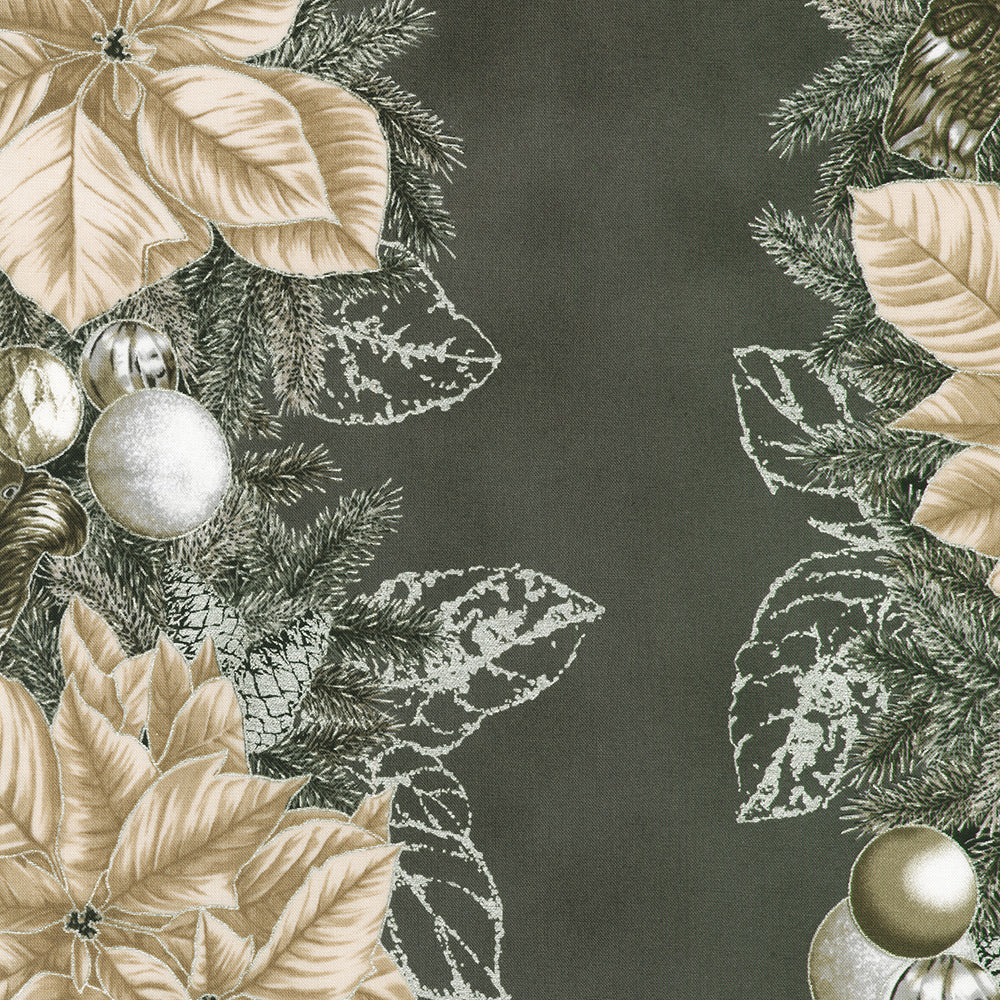 Holiday Flourish Forest Glen charcoal fabric with ivory poinsettias, evergreen garlands, ornaments and metallic accents in vertical stripes.