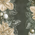 Holiday Flourish Forest Glen charcoal fabric with ivory poinsettias, evergreen garlands, ornaments and metallic accents in vertical stripes.