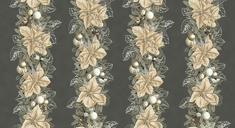 Holiday Flourish Forest Glen charcoal fabric with ivory poinsettias, evergreen garlands, ornaments and metallic accents in vertical stripes.