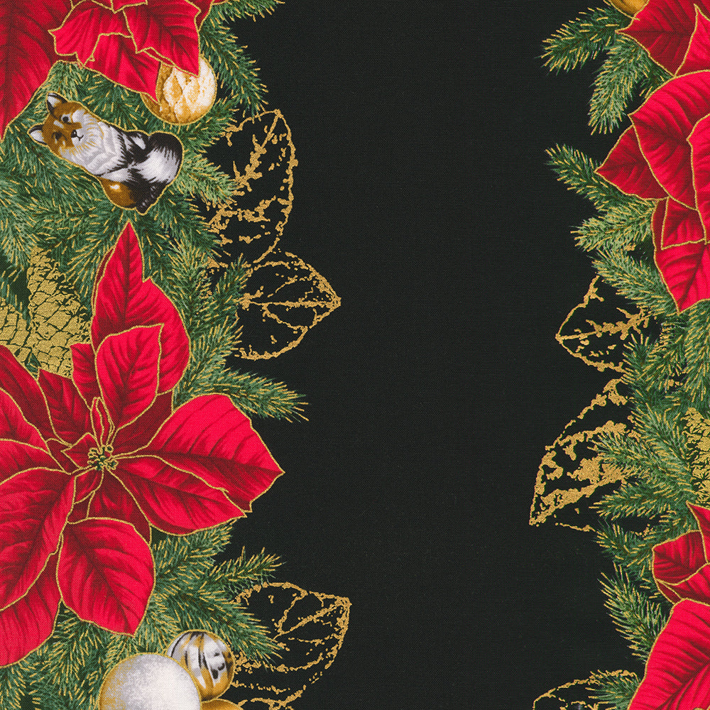 Elegant Christmas quilt featuring Holiday Flourish Forest Glen poinsettia stripe fabric with festive holiday colors and metallic details.