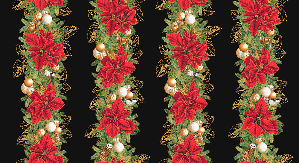 Elegant Christmas quilt featuring Holiday Flourish Forest Glen poinsettia stripe fabric with festive holiday colors and metallic details.
