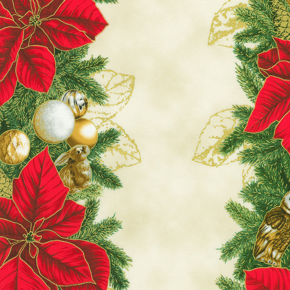 Holiday Flourish Forest Glen cream fabric with red poinsettias, evergreen garlands, ornaments, woodland animals and metallic gold accents.