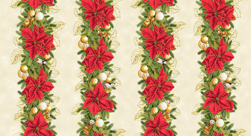 Holiday Flourish Forest Glen cream fabric with red poinsettias, evergreen garlands, ornaments, woodland animals and metallic gold accents.