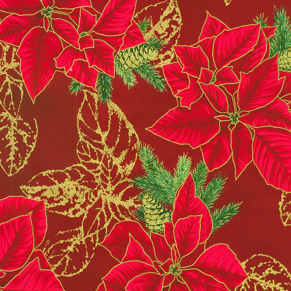 Holiday Flourish Forest Glen cranberry red fabric featuring poinsettias, evergreen branches, pinecones, and metallic gold accents.
