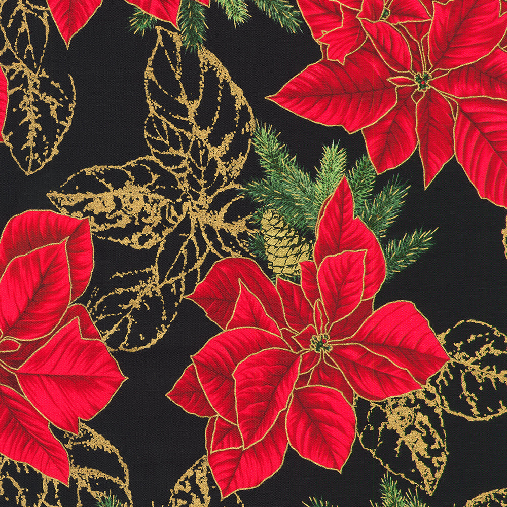Holiday Flourish Forest Glen black fabric featuring large red poinsettias, evergreen branches, pinecones and metallic gold accents.