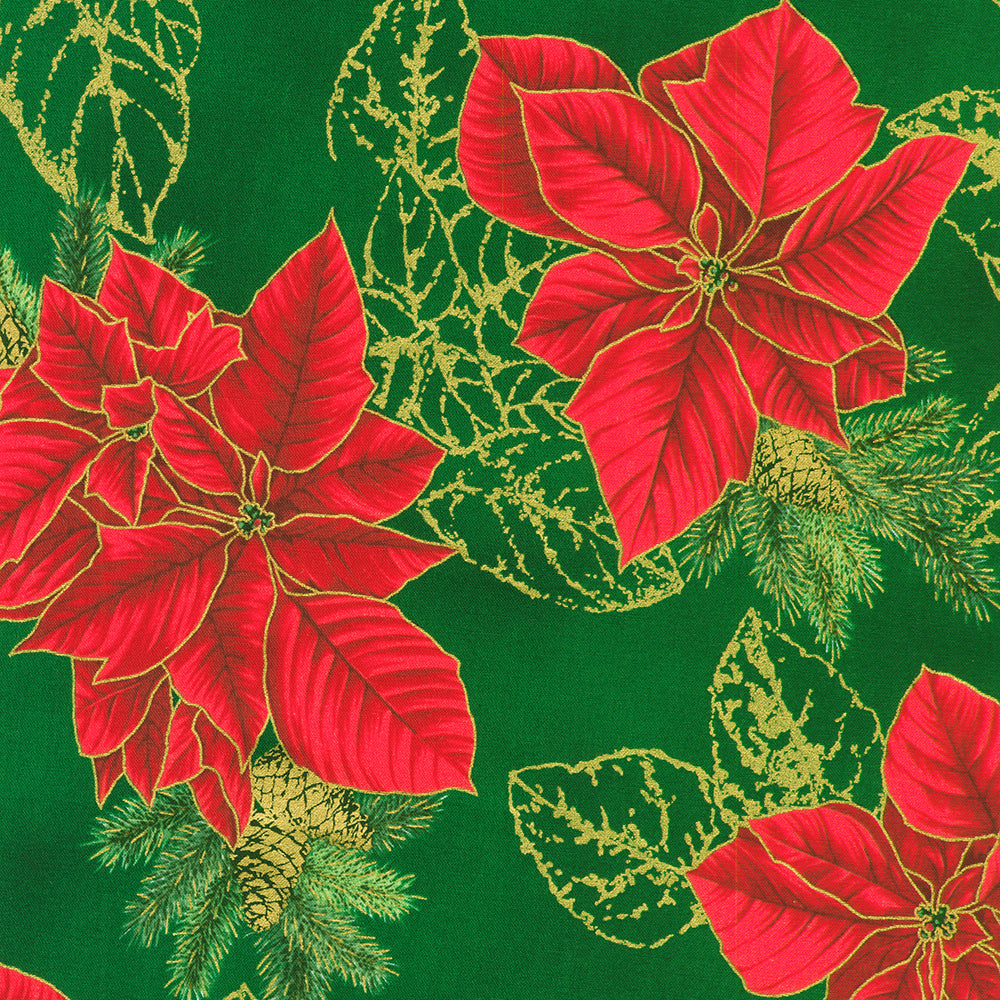 Holiday Flourish Forest Glen evergreen green fabric featuring red poinsettias, pinecones, evergreen branches, and metallic gold accents.