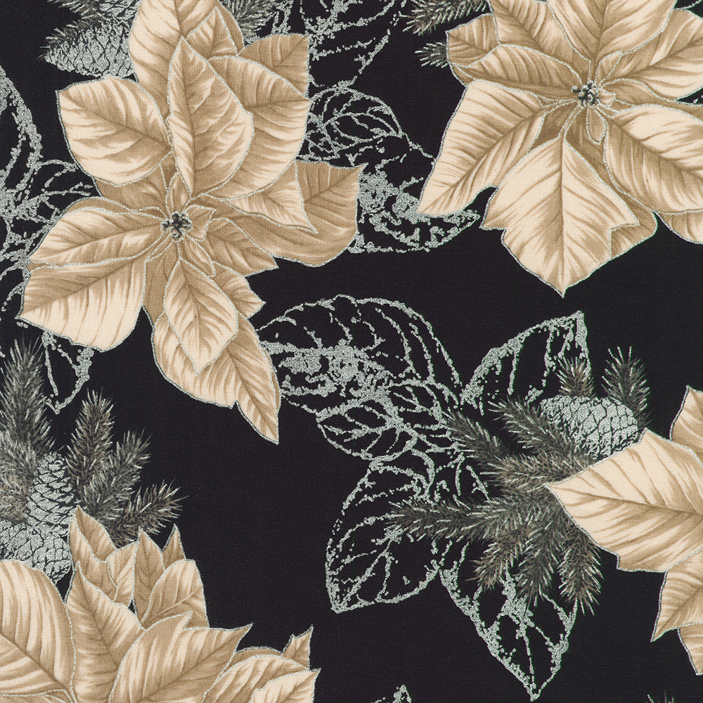Holiday Flourish Forest Glen black fabric featuring ivory poinsettias, pinecones, evergreen branches, and metallic silver accents.