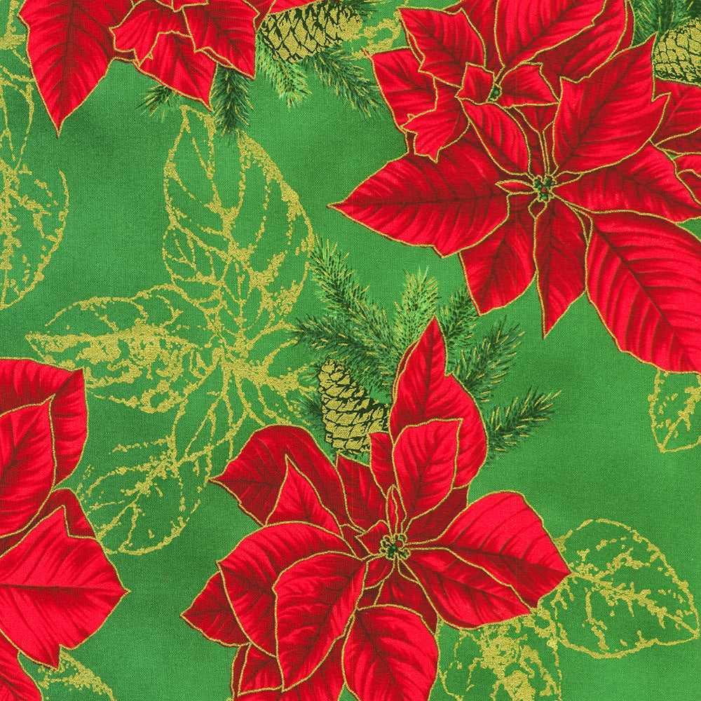 Holiday Flourish Forest Glen sage green fabric featuring red poinsettias, pinecones, evergreen branches, and metallic gold accents.