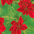 Holiday Flourish Forest Glen sage green fabric featuring red poinsettias, pinecones, evergreen branches, and metallic gold accents.