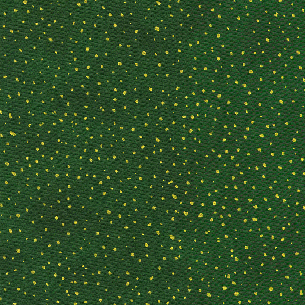 Holiday Flourish Forest Glen evergreen green fabric featuring scattered metallic gold dots on a rich holiday green background.