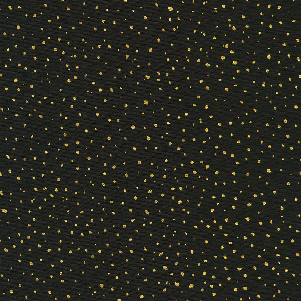 Holiday Flourish Forest Glen black fabric featuring scattered metallic gold dots on a rich shadow background.