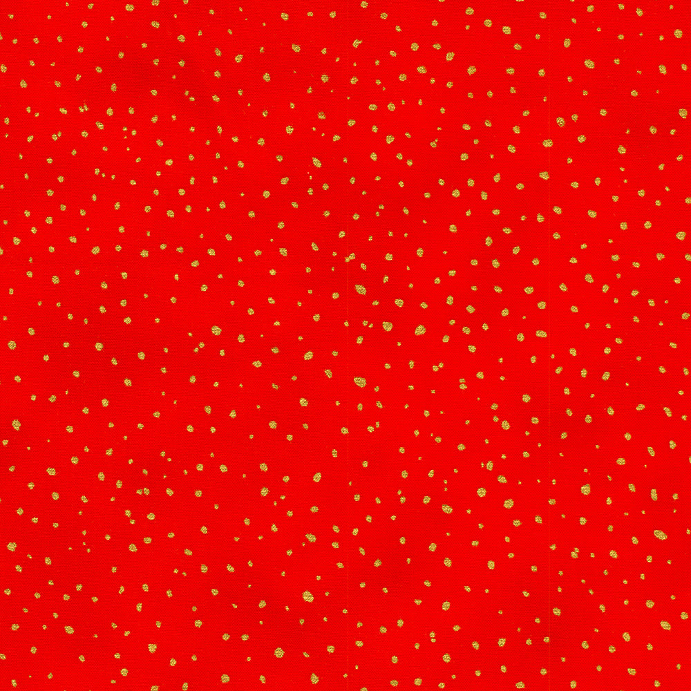 Holiday Flourish Forest Glen crimson red fabric featuring scattered metallic gold dots on a rich holiday red background.