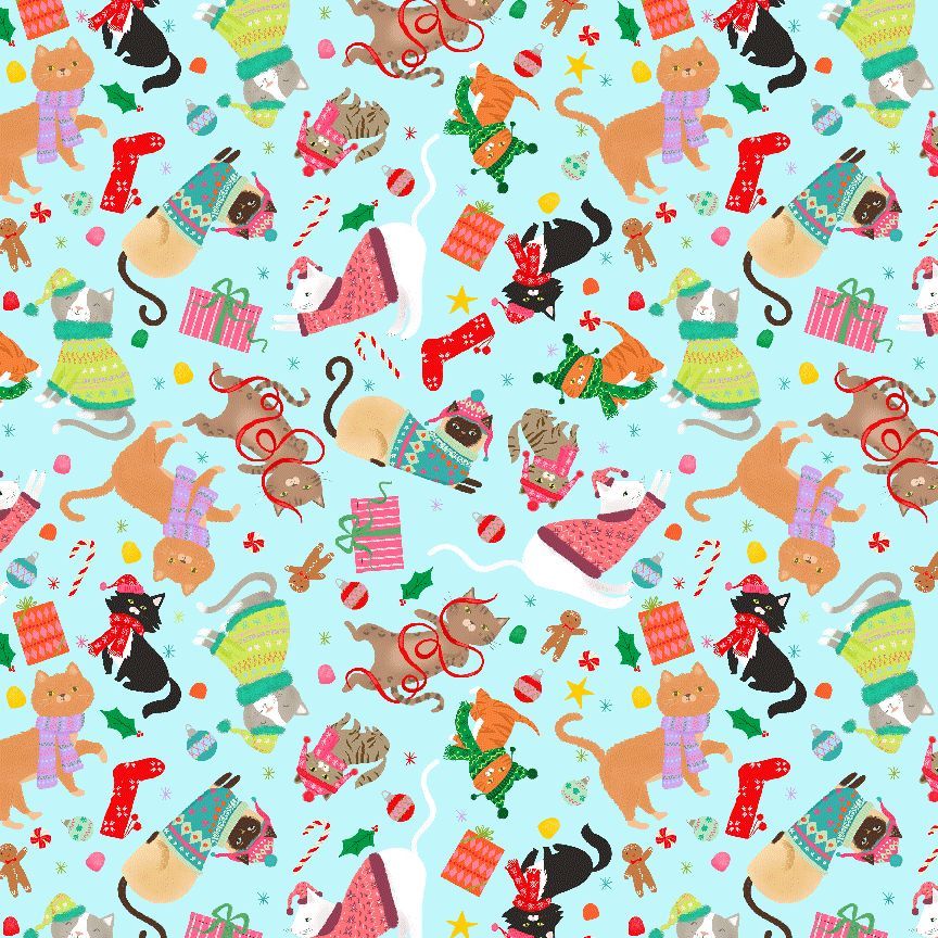 Jingle All The Way Aqua Christmas cat fabric by Erica Ilene for Dear Stella Design