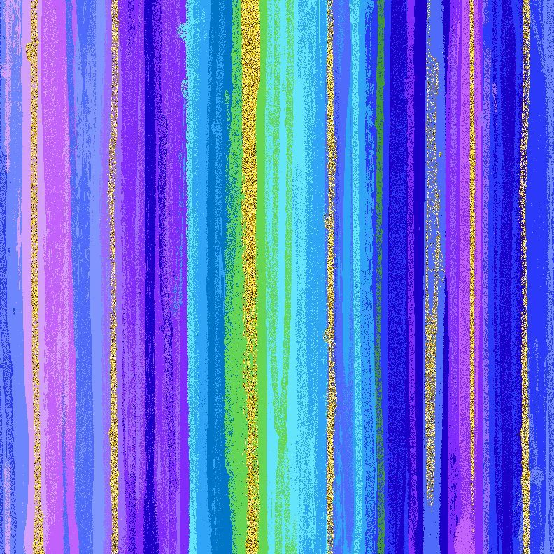 Evening Glow Metallic Stripes cotton fabric by Chong-A Hwang featuring blue, purple, aqua, green, and metallic gold vertical brushstroke stripes.