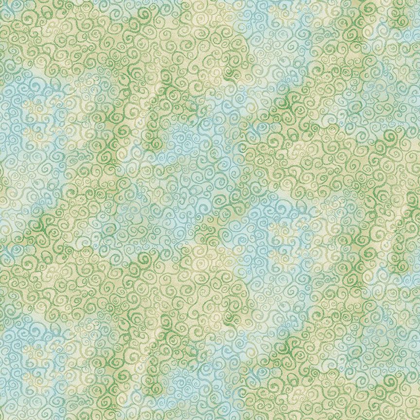 Scroll Swirls Green fabric by Chong-A Hwang for Timeless Treasures featuring delicate green scroll motifs over a pale aqua, cream, and soft green tonal background.