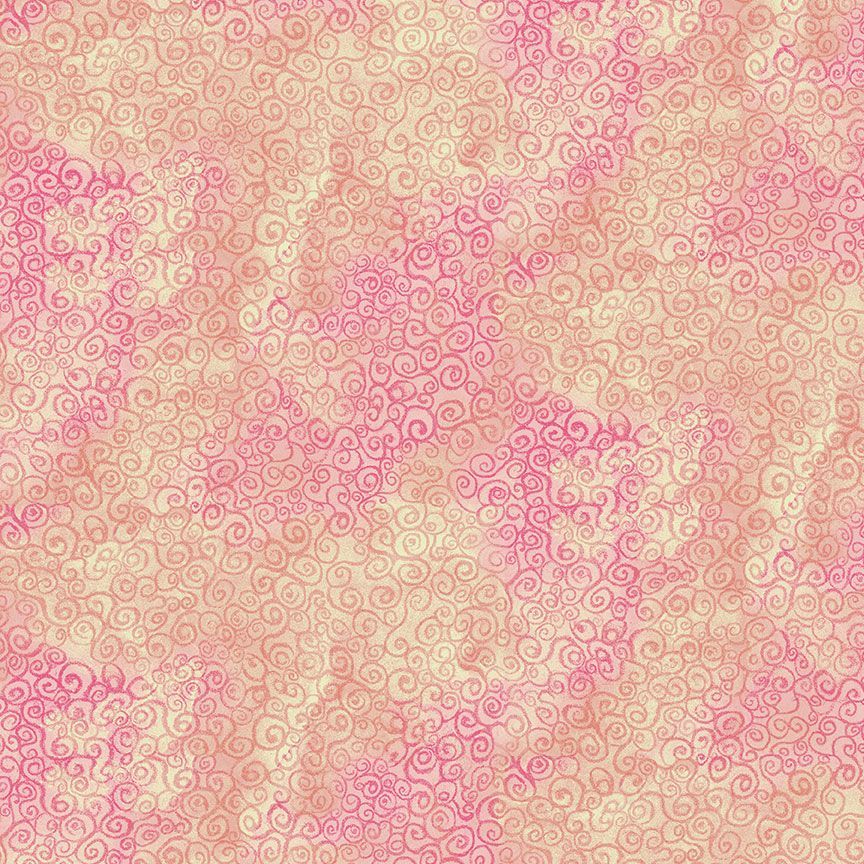 Scroll Swirls Orange fabric by Chong-A Hwang for Timeless Treasures featuring delicate coral and pink scroll motifs over a peach, cream, and soft orange tonal background.