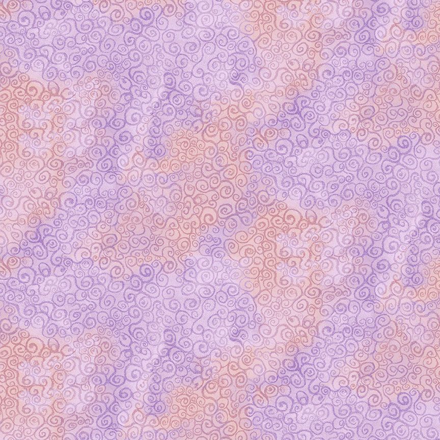 Scroll Swirls Purple fabric by Chong-A Hwang for Timeless Treasures featuring delicate lavender scroll motifs over a soft lilac, blush pink, and peach tonal background.
