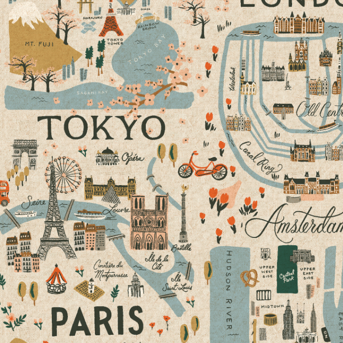 Bon Voyage City Guide Natural Canvas fabric by Rifle Paper Co. for Cotton + Steel – travel map and icons on unbleached cotton/linen.