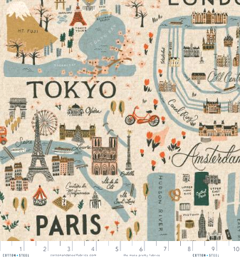 Bon Voyage City Guide Natural Canvas fabric by Rifle Paper Co. for Cotton + Steel – travel map and icons on unbleached cotton/linen.