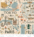 Bon Voyage City Guide Natural Canvas fabric by Rifle Paper Co. for Cotton + Steel – travel map and icons on unbleached cotton/linen.