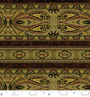 Casablanca - Border Brown fabric by Jinny Beyer for RJR Fabrics with ornate brown and gold symmetrical border design on 100% cotton.
