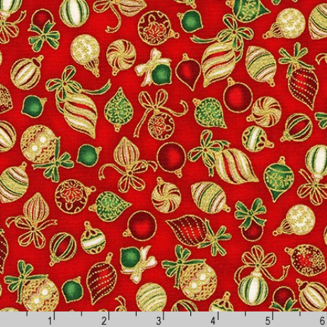 Holiday Charms - Holiday Ornaments Red Gold Yardage