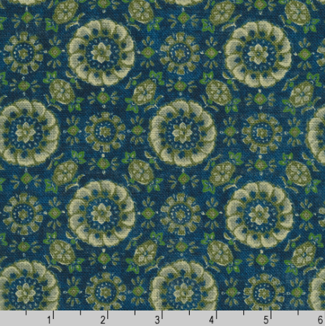 Close-up of Sevenberry Nara Homespun Florals Deep Blue fabric featuring traditional Japanese floral prints on richly textured indigo cotton.