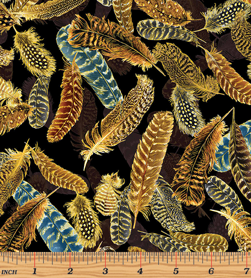 Black fabric with gold metallic feather design – Harvest Festival by Kanvas Studio