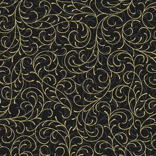 Joyful Traditions Scroll fabric by Hoffman Fabrics – black cotton with gold metallic scroll – 43"/44" wide quilting cotton