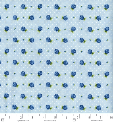 June’s Cottage Rosebud Raindrop 100% cotton quilting fabric by Briar Hill Designs for RJR Fabrics – small rosebud print on soft background, 43″/44″ wide