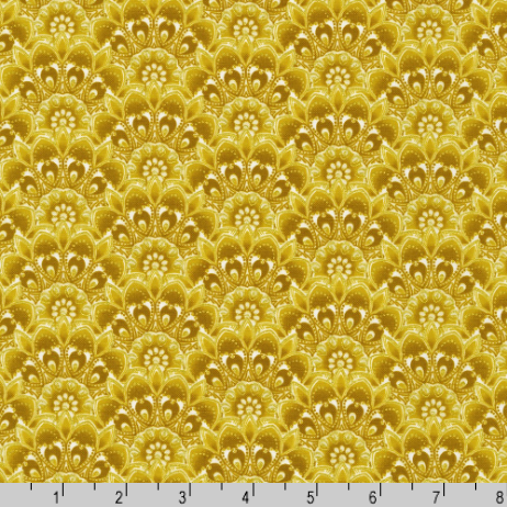 Jaikumari Scallop Gold metallic cotton fabric by Studio RK for Robert Kaufman – gold scallop pattern with metallic sheen, 43"/44" wide