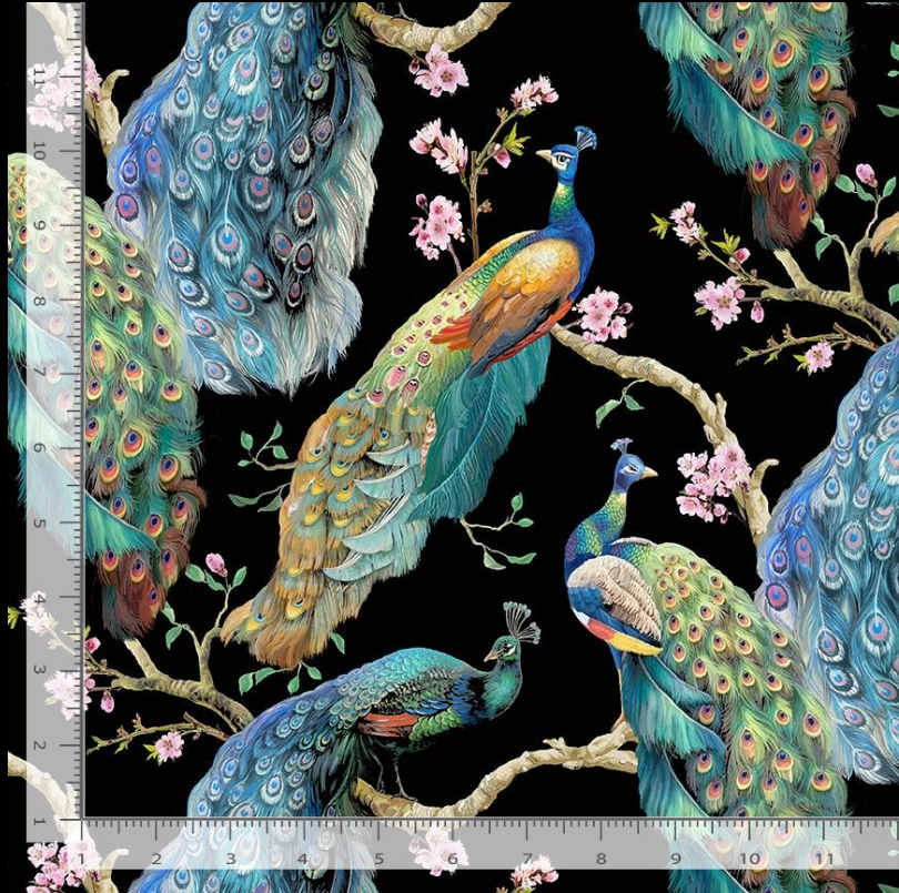 Flourish – Elegant Peacock on Branches on Black Fabric by Timeless Treasures – bold peacock print on black cotton.