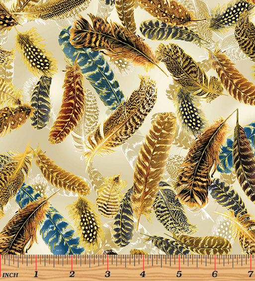 Cream fabric with gold metallic feathers – Gilded Feathers by Kanvas Studio